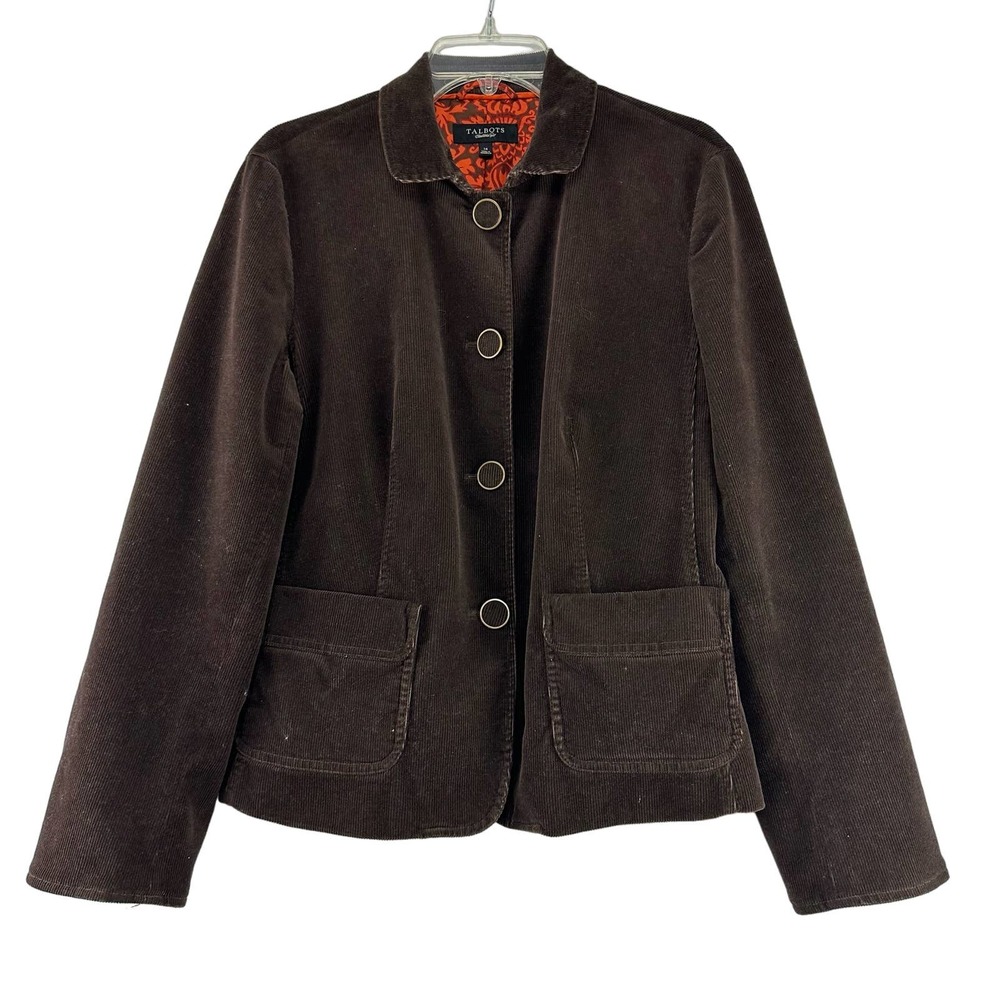 Talbots Corduroy Jacket Womens Size 14 Brown Button Lined Pockets Long Sleeve‎